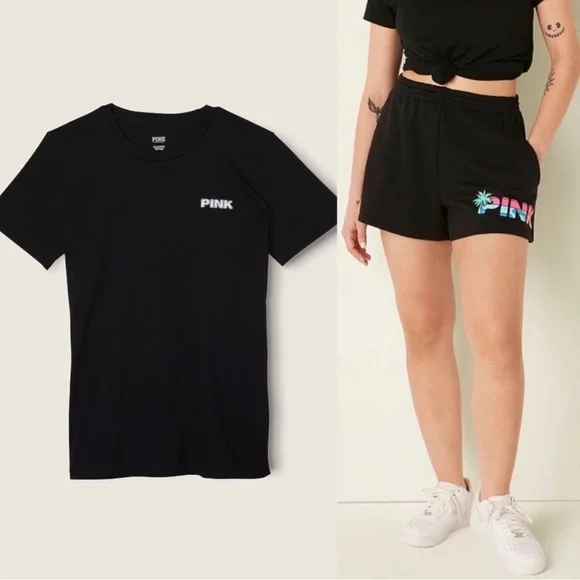 VS Pink SET Black Tropical Campus Tee & Black Tropical Shine 3.5 Campus Shorts